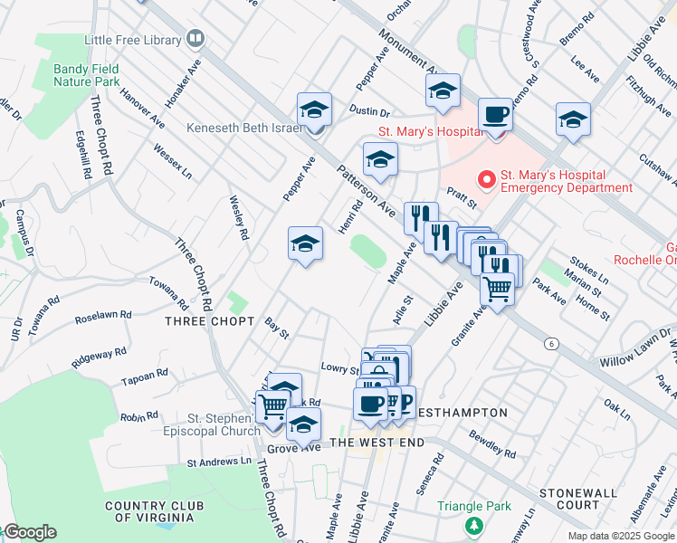 map of restaurants, bars, coffee shops, grocery stores, and more near 711 Saint Christopher's Road in Richmond