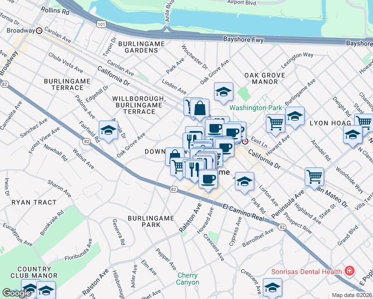 map of restaurants, bars, coffee shops, grocery stores, and more near Bellevue Avenue & Primrose Road in Burlingame