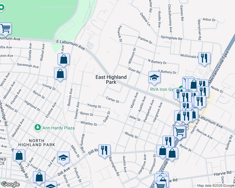 map of restaurants, bars, coffee shops, grocery stores, and more near 1609 Savannah Avenue in Richmond