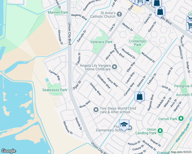 map of restaurants, bars, coffee shops, grocery stores, and more near 32408 Elizabeth Way in Union City
