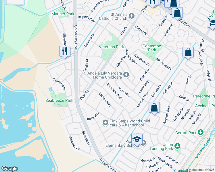 map of restaurants, bars, coffee shops, grocery stores, and more near 32408 Elizabeth Way in Union City