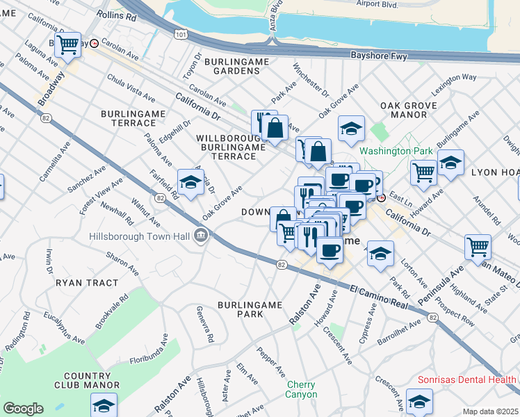 map of restaurants, bars, coffee shops, grocery stores, and more near 1433 Floribunda Avenue in Burlingame