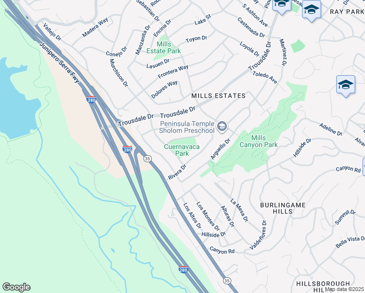 map of restaurants, bars, coffee shops, grocery stores, and more near 3051 Alcazar Drive in Burlingame