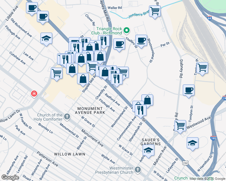 map of restaurants, bars, coffee shops, grocery stores, and more near 4713 West Broad Street in Richmond
