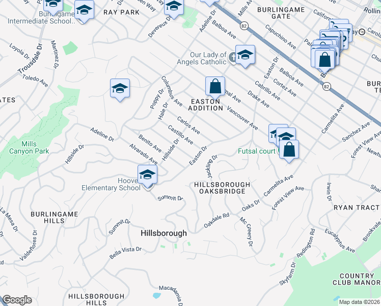 map of restaurants, bars, coffee shops, grocery stores, and more near 1308 Montero Avenue in Burlingame