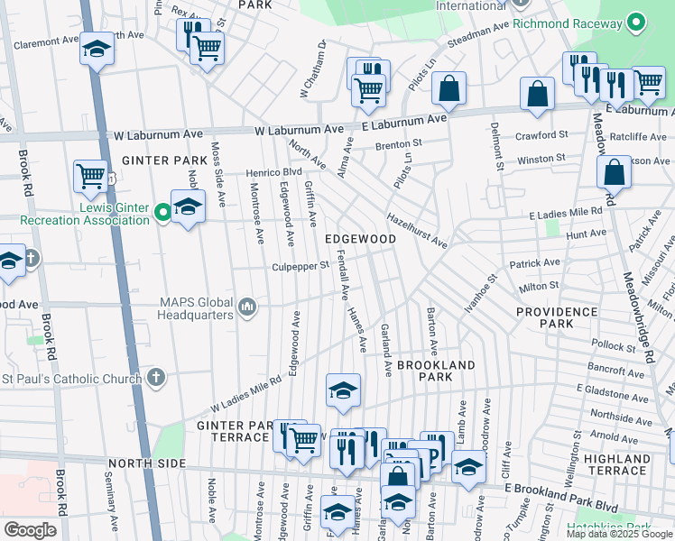 map of restaurants, bars, coffee shops, grocery stores, and more near 3408 Fendall Avenue in Richmond