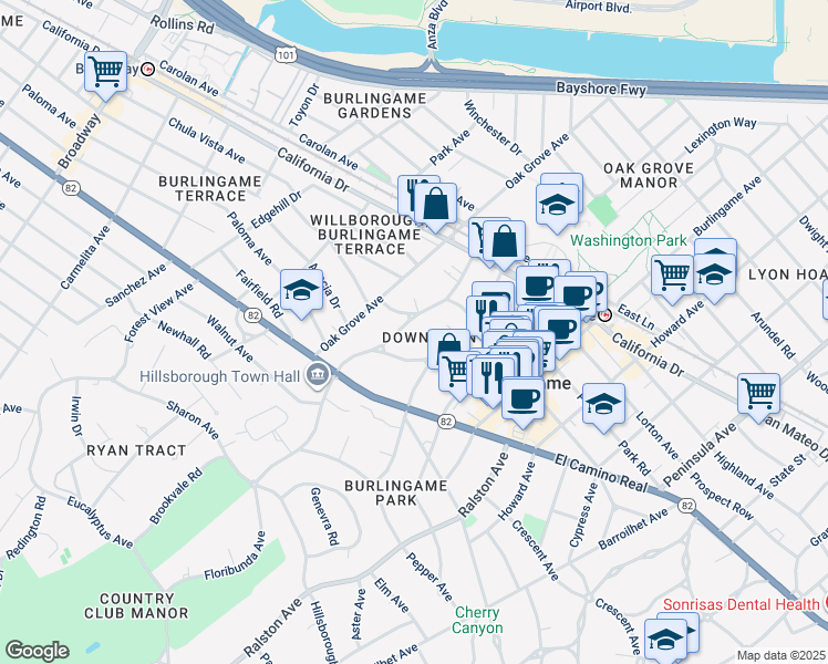 map of restaurants, bars, coffee shops, grocery stores, and more near 1433 Floribunda Avenue in Burlingame