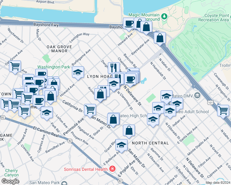 map of restaurants, bars, coffee shops, grocery stores, and more near 871 North Claremont Street in San Mateo
