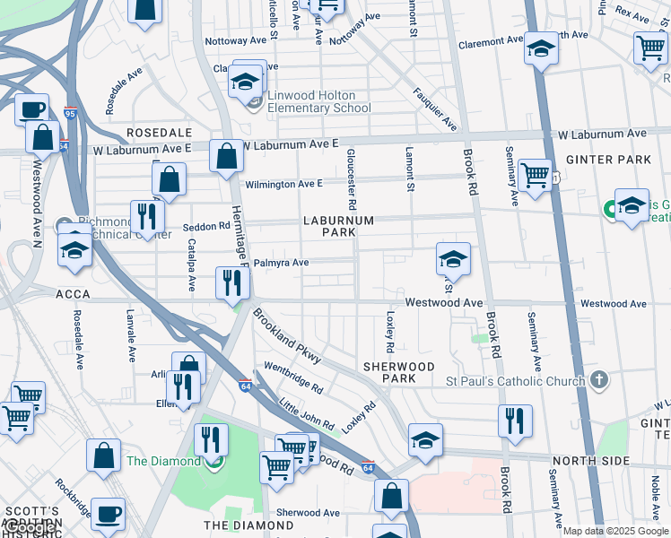 map of restaurants, bars, coffee shops, grocery stores, and more near 1507 Palmyra Avenue in Richmond