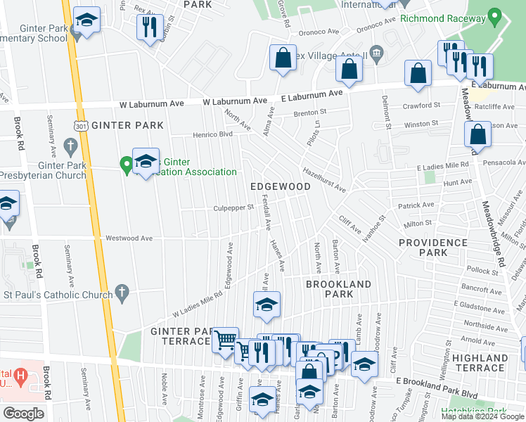 map of restaurants, bars, coffee shops, grocery stores, and more near 3408 Fendall Avenue in Richmond