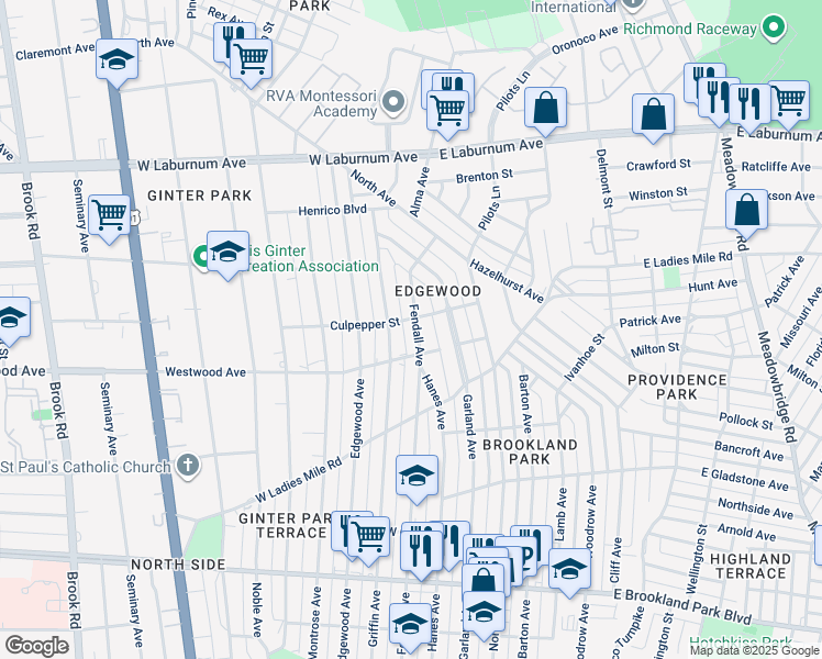 map of restaurants, bars, coffee shops, grocery stores, and more near 3408 Fendall Avenue in Richmond