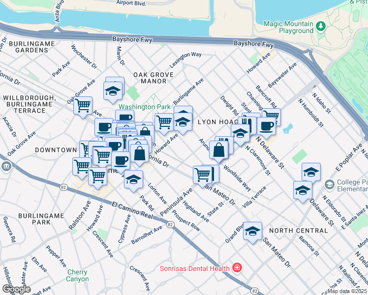 map of restaurants, bars, coffee shops, grocery stores, and more near 117 Anita Road in Burlingame