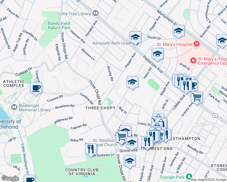 map of restaurants, bars, coffee shops, grocery stores, and more near 115 Pepper Avenue in Richmond