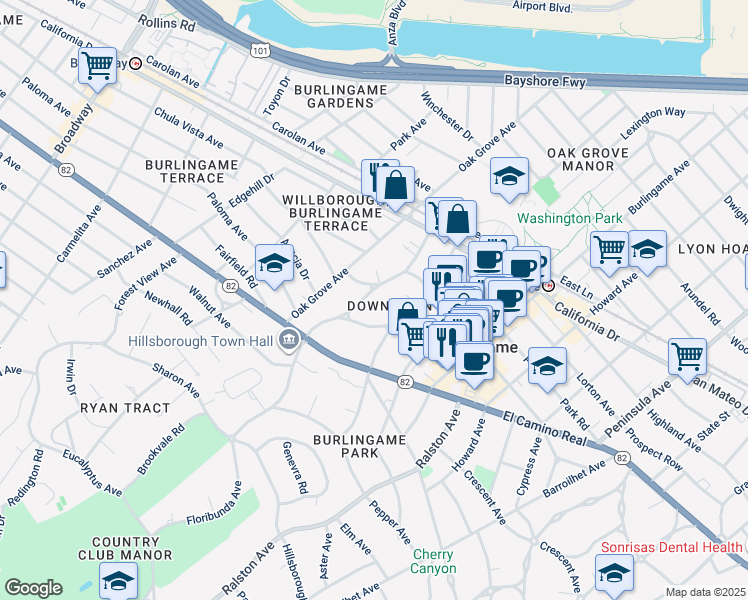 map of restaurants, bars, coffee shops, grocery stores, and more near 1433 Floribunda Avenue in Burlingame
