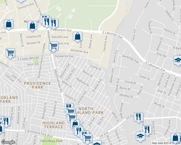 map of restaurants, bars, coffee shops, grocery stores, and more near 3605 Maryland Avenue in Richmond