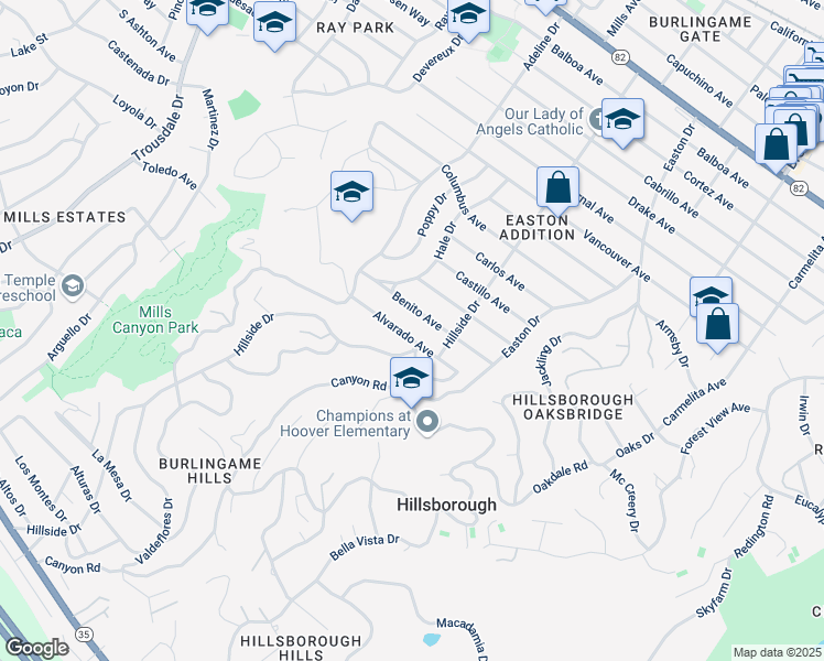 map of restaurants, bars, coffee shops, grocery stores, and more near 1416 Alvarado Avenue in Burlingame