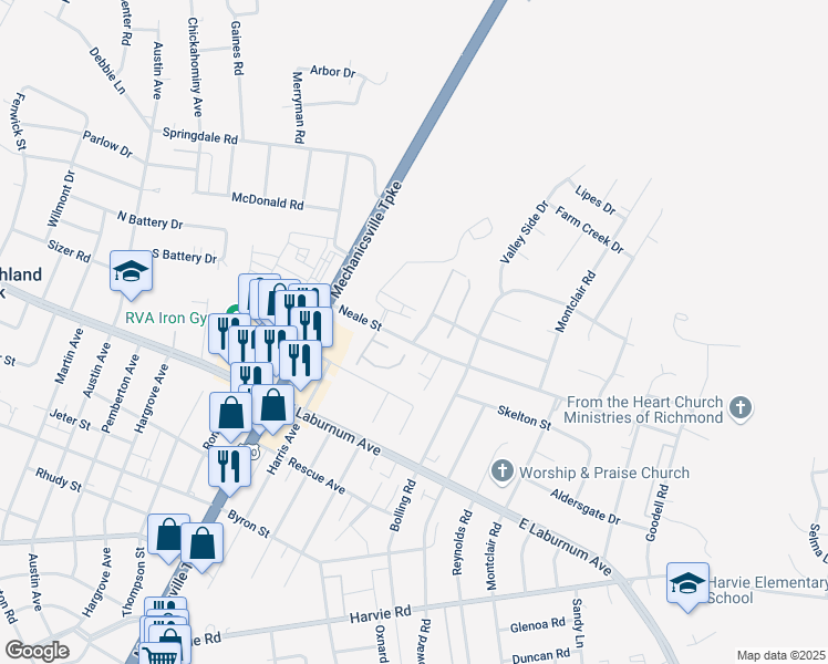 map of restaurants, bars, coffee shops, grocery stores, and more near 3900 Orchard Glen Drive in Richmond