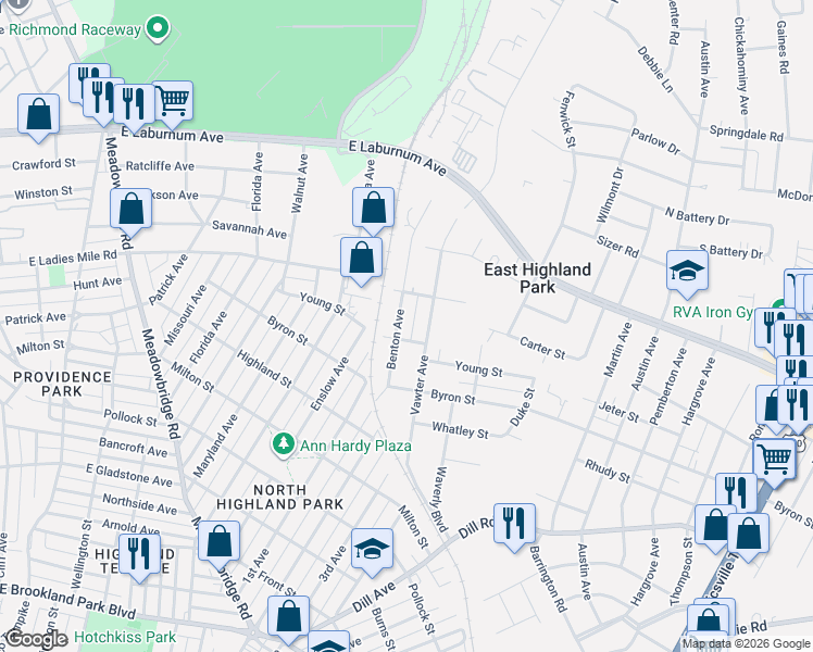 map of restaurants, bars, coffee shops, grocery stores, and more near 3707 Benton Avenue in Richmond