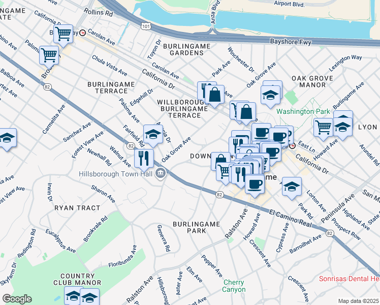 map of restaurants, bars, coffee shops, grocery stores, and more near 1446 Floribunda Avenue in Burlingame