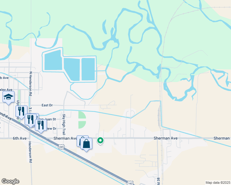 map of restaurants, bars, coffee shops, grocery stores, and more near 2599 East Drive in Monte Vista