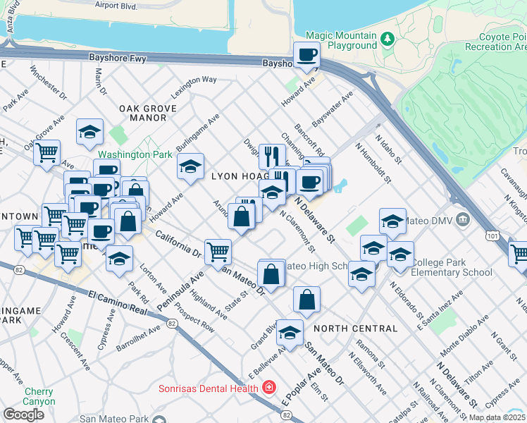 map of restaurants, bars, coffee shops, grocery stores, and more near 15 Bloomfield Road in Burlingame