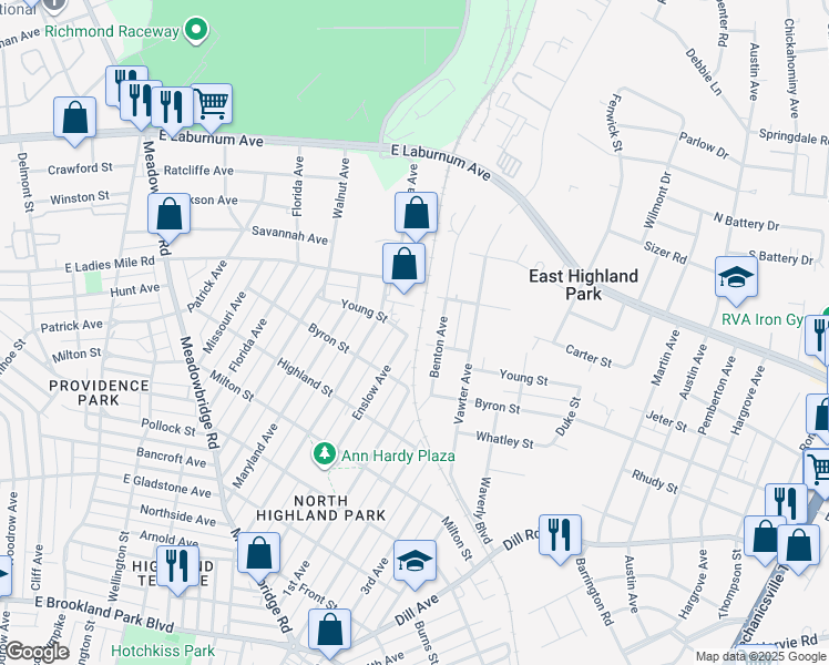 map of restaurants, bars, coffee shops, grocery stores, and more near 1018 Young Street in Richmond