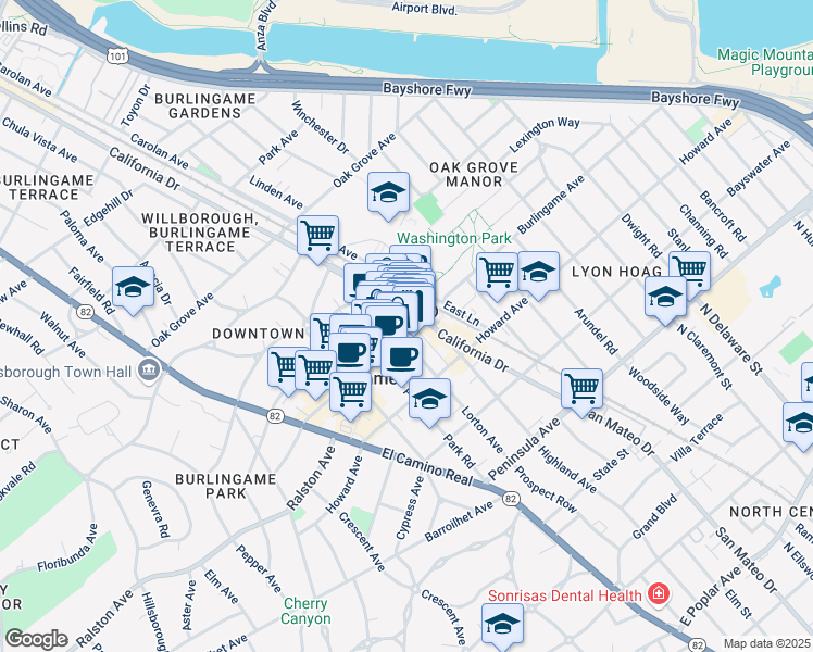 map of restaurants, bars, coffee shops, grocery stores, and more near 1118 Burlingame Avenue in Burlingame