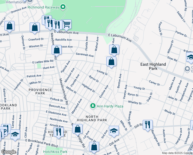 map of restaurants, bars, coffee shops, grocery stores, and more near 3605 Maryland Avenue in Richmond