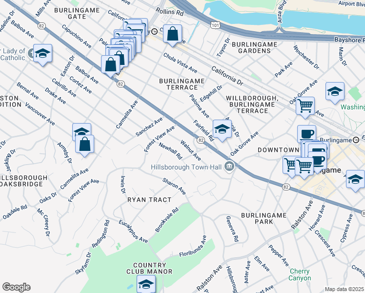 map of restaurants, bars, coffee shops, grocery stores, and more near 827 Walnut Avenue in Burlingame