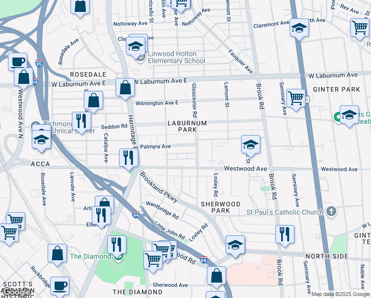 map of restaurants, bars, coffee shops, grocery stores, and more near 1507 Palmyra Avenue in Richmond