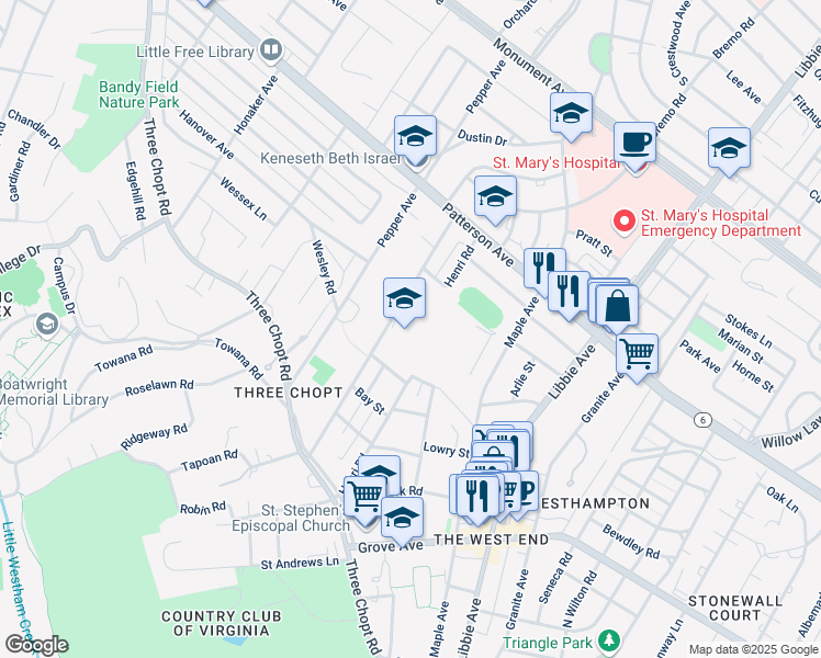 map of restaurants, bars, coffee shops, grocery stores, and more near 711 Saint Christopher's Road in Richmond
