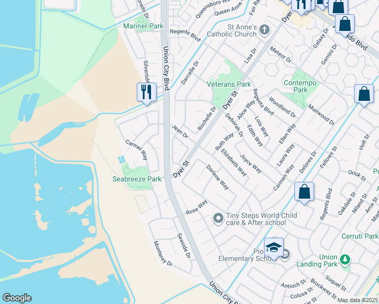 map of restaurants, bars, coffee shops, grocery stores, and more near 4714 Andrea Way in Union City