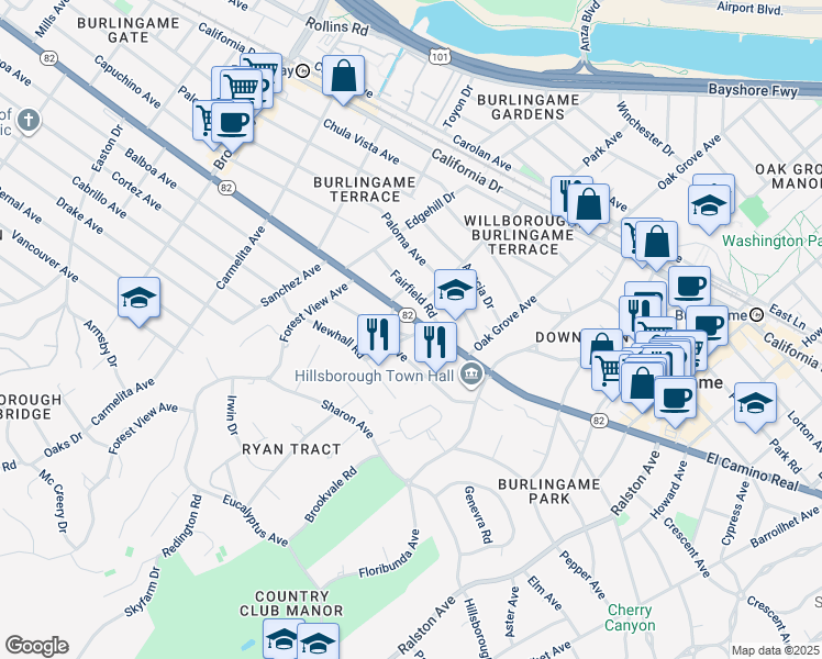 map of restaurants, bars, coffee shops, grocery stores, and more near 1500 Willow Avenue in Burlingame