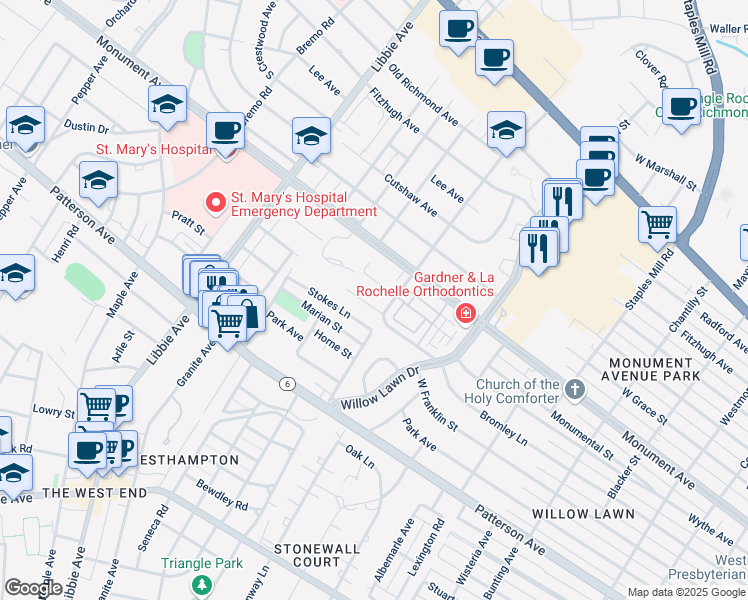 map of restaurants, bars, coffee shops, grocery stores, and more near 5304 Wythe Avenue in Richmond