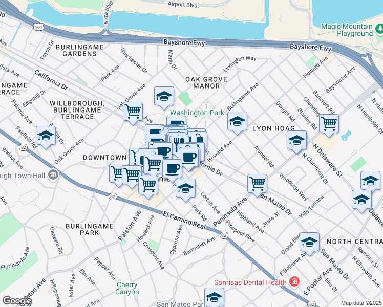 map of restaurants, bars, coffee shops, grocery stores, and more near in Burlingame