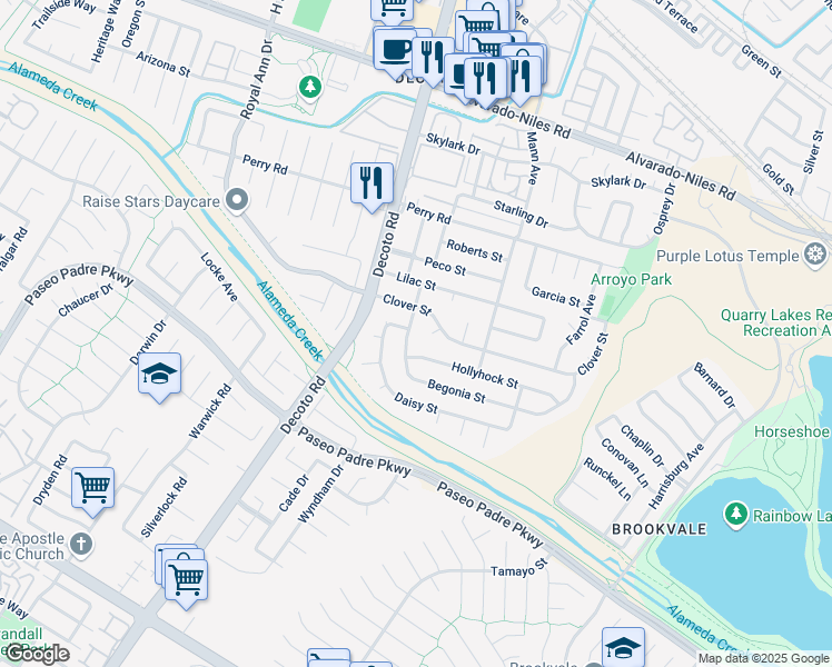 map of restaurants, bars, coffee shops, grocery stores, and more near 2906 Begonia Street in Union City