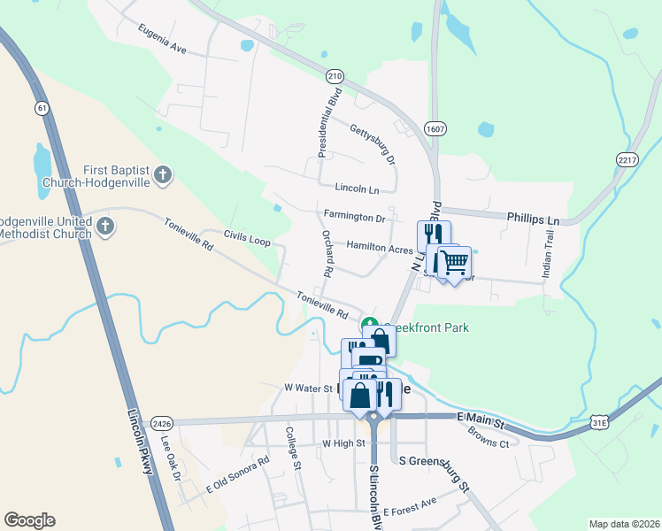 map of restaurants, bars, coffee shops, grocery stores, and more near 2 Circle Crest Road in Hodgenville
