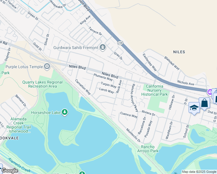 map of restaurants, bars, coffee shops, grocery stores, and more near 36081 Turpin Way in Fremont