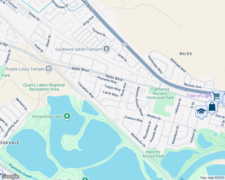 map of restaurants, bars, coffee shops, grocery stores, and more near 36081 Turpin Way in Fremont