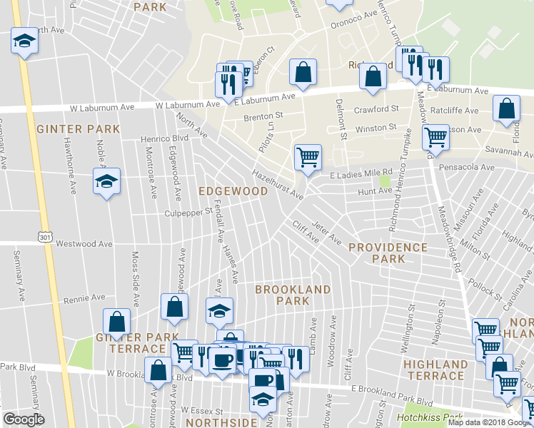 map of restaurants, bars, coffee shops, grocery stores, and more near 3503 North Ave in Richmond