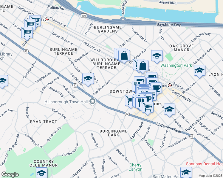 map of restaurants, bars, coffee shops, grocery stores, and more near 1440 Floribunda Avenue in Burlingame