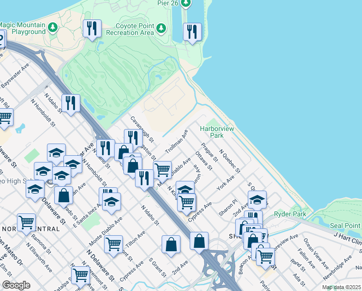 map of restaurants, bars, coffee shops, grocery stores, and more near 224 Huron Avenue in San Mateo