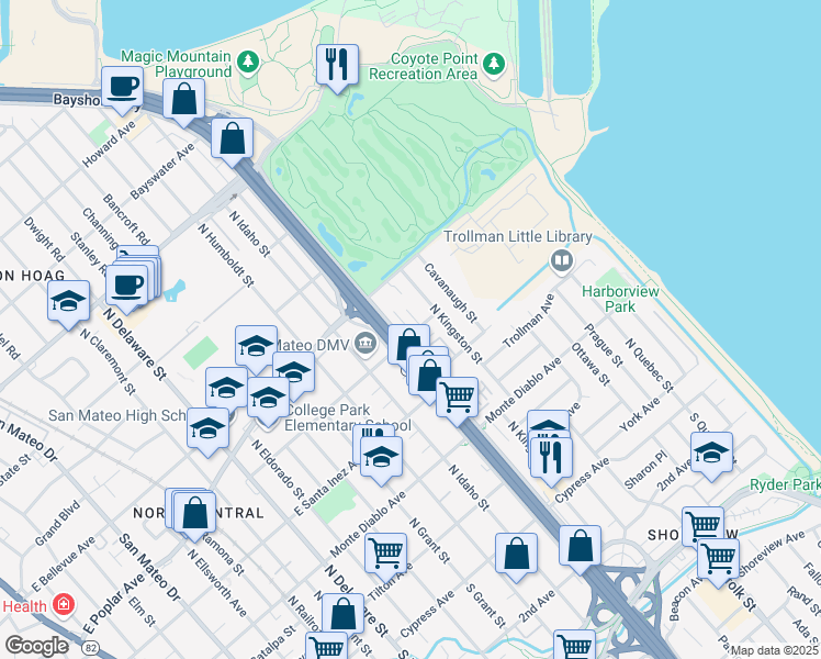 map of restaurants, bars, coffee shops, grocery stores, and more near 401 Rogell Avenue in San Mateo
