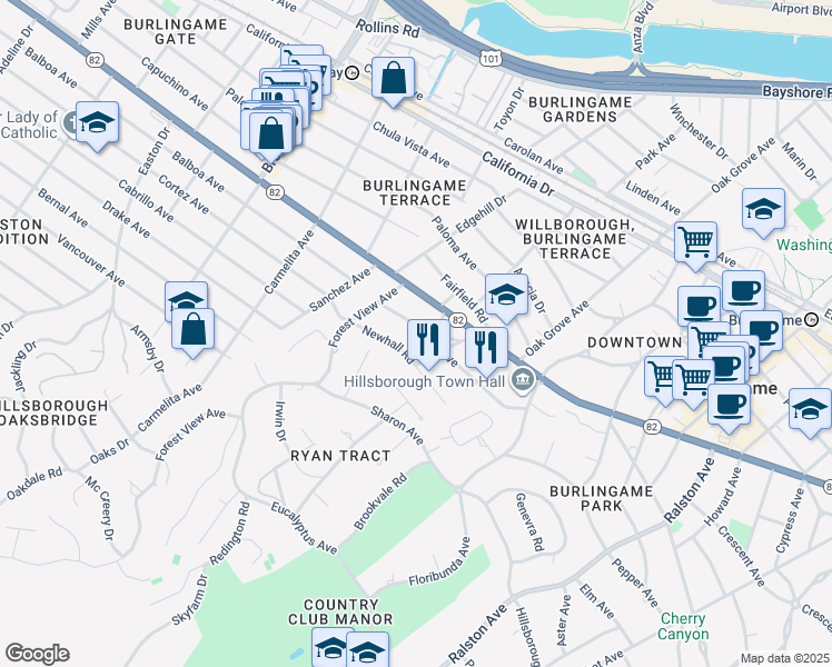 map of restaurants, bars, coffee shops, grocery stores, and more near 827 Walnut Avenue in Burlingame