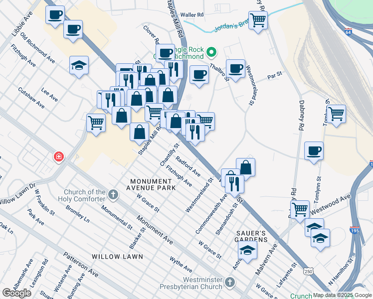 map of restaurants, bars, coffee shops, grocery stores, and more near 4713 West Broad Street in Richmond