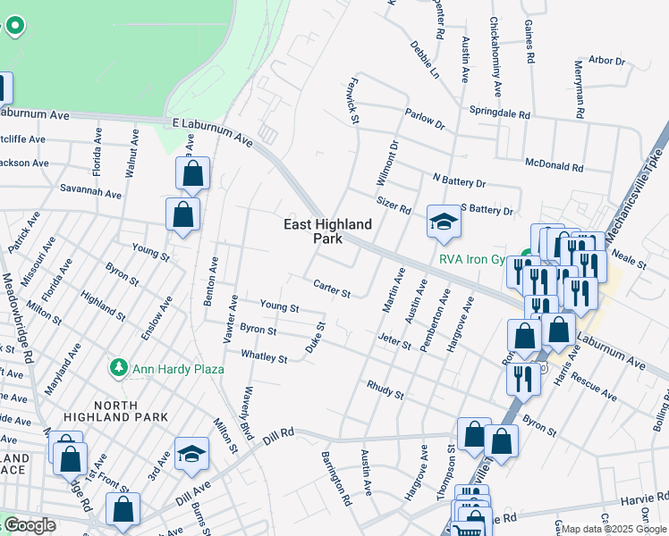 map of restaurants, bars, coffee shops, grocery stores, and more near 1603 Savannah Avenue in Richmond
