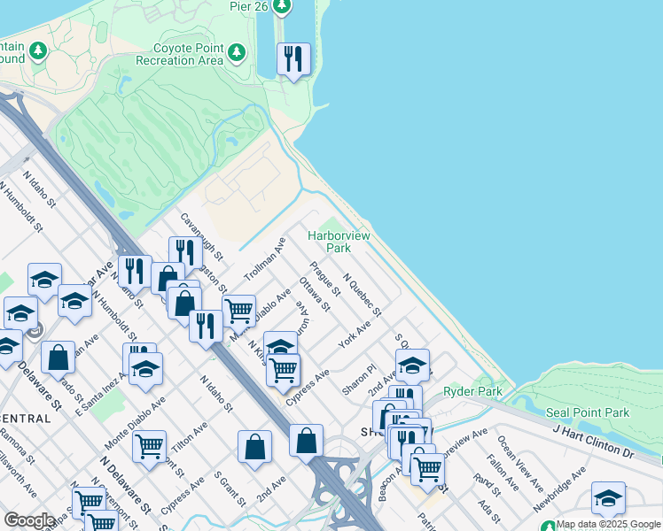 map of restaurants, bars, coffee shops, grocery stores, and more near 131 North Quebec Street in San Mateo