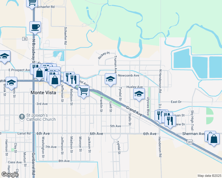 map of restaurants, bars, coffee shops, grocery stores, and more near 215 Lyell Street in Monte Vista