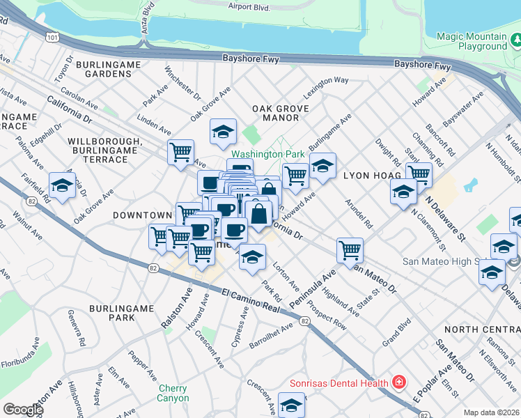 map of restaurants, bars, coffee shops, grocery stores, and more near 250 California Drive in Burlingame