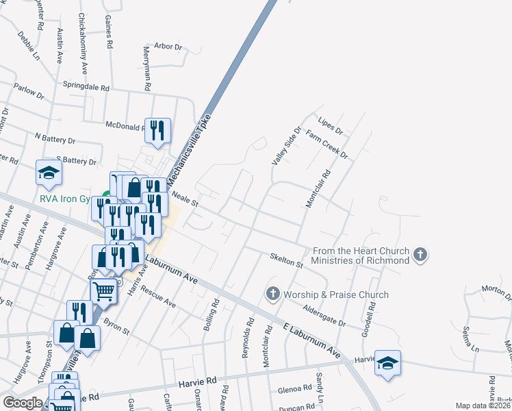 map of restaurants, bars, coffee shops, grocery stores, and more near 3916 Bolling Road in Richmond